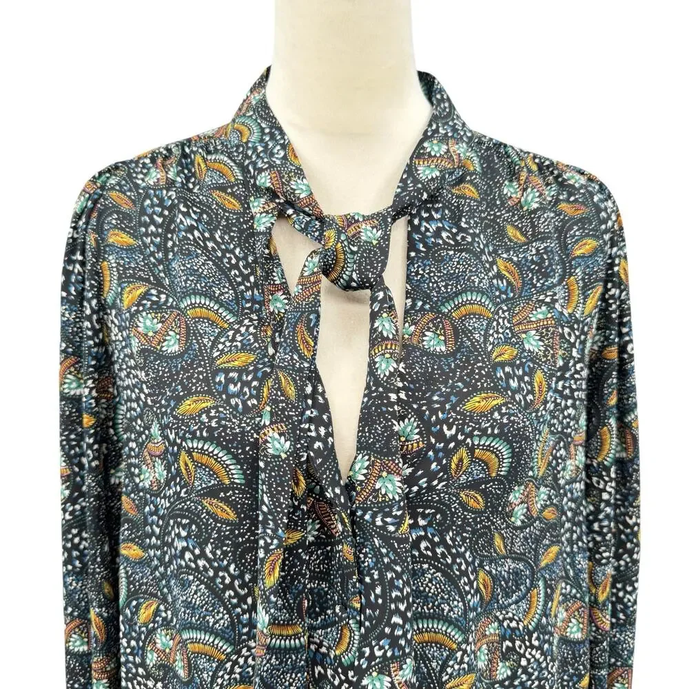 Evereve Charlie Neck Tie Teal Multicolor Printed Long Sleeve Chiffon Blouse - Picture 5 of 12